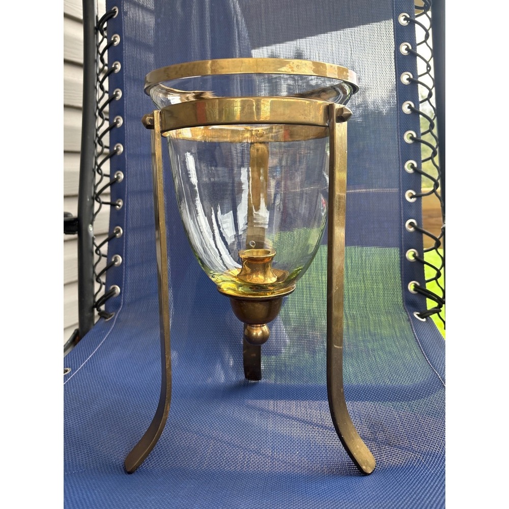 Vintage Brass Tripod Hurricane Candle Holder Hand Blown Glass Bell Jar 14.5in